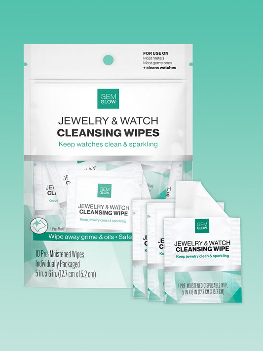 Outer packaging of GEM GLOW Jewelry + Watch Cleansing Wipes and three individual wipe sachets.