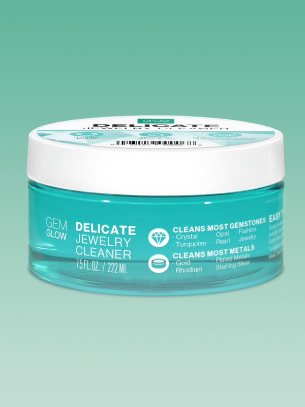 Front view of the GEM GLOW 7.5 oz. Delicate Jewelry Cleaner jar.
