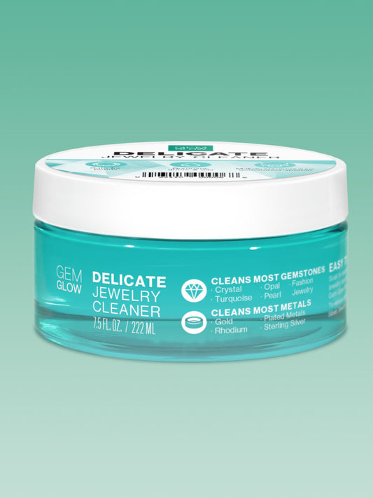Front view of the GEM GLOW 7.5 oz. Delicate Jewelry Cleaner jar.