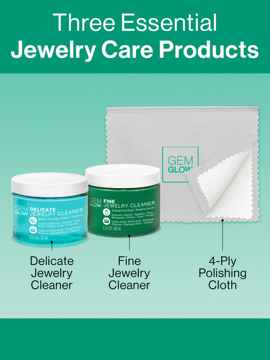The three jewelry care products in the GEM GLOW Jewelry Care System: Fine and Delicate Jewelry Cleaner and Polishing Cloth.