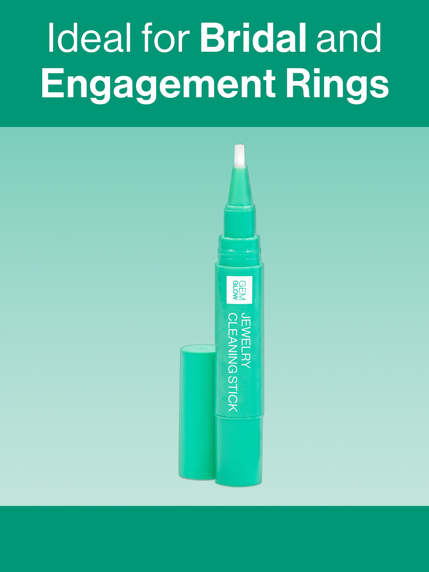 The GEM GLOW Jewelry Cleaning Stick standing uncapped to showcase the bristles, ideal for cleaning bridal and engagement rings.