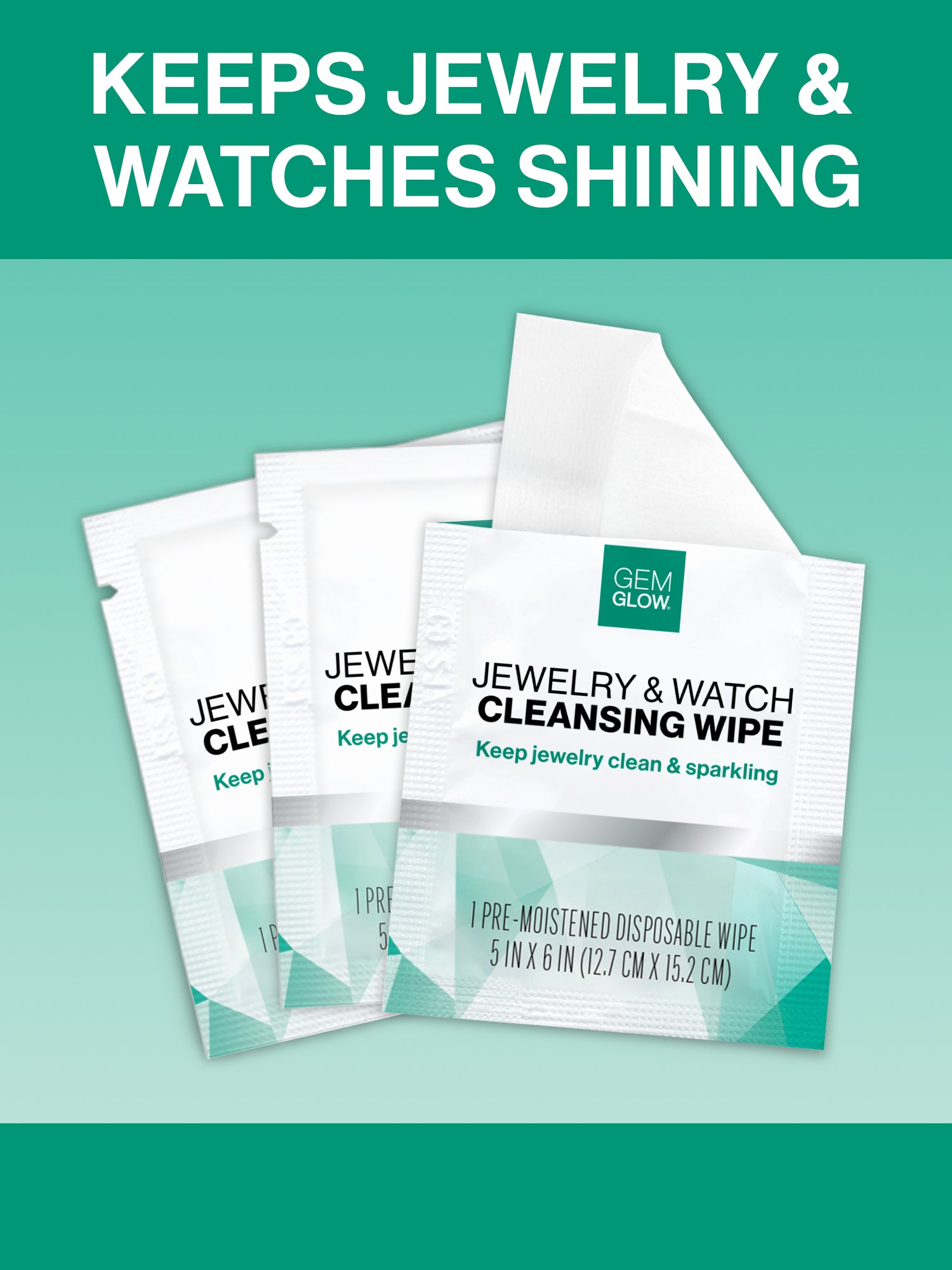 Three GEM GLOW Jewelry + Watch Cleansing Wipe sachets, with one opened to display a folded wipe.