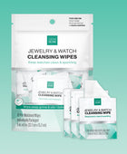 Outer packaging of GEM GLOW Jewelry + Watch Cleansing Wipes and three individual wipe sachets.