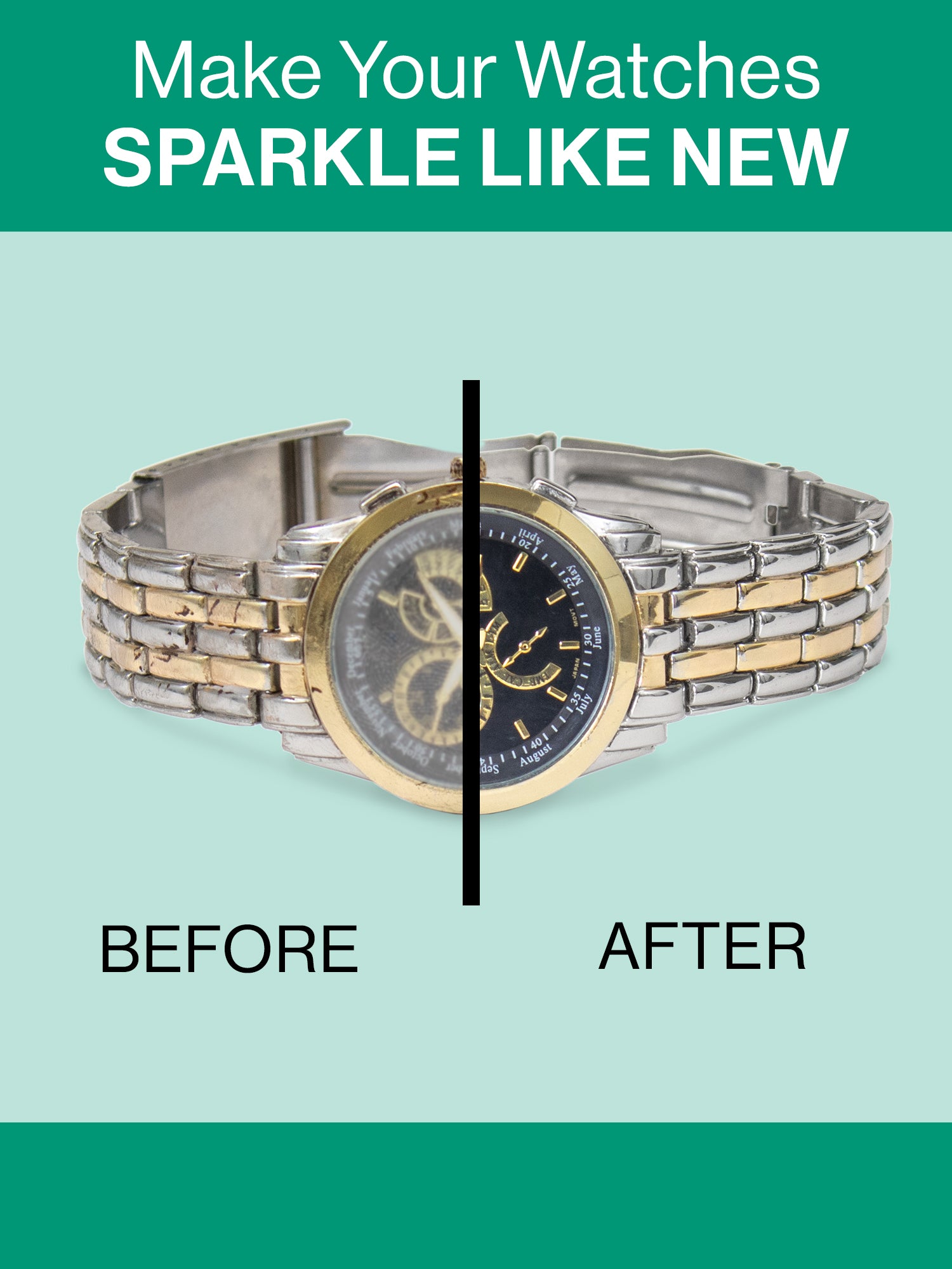 Split "Before/After" image of a watch showing dirt/grime on the left, and sparkling results from the wipes on the right.