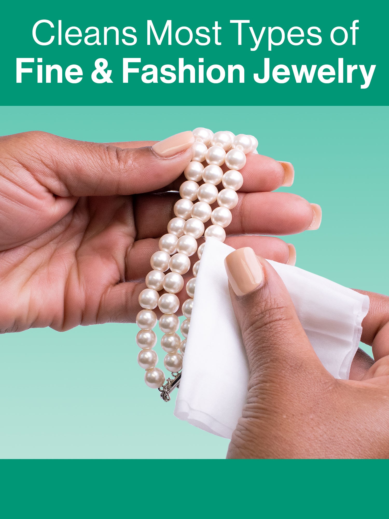 Hands using a Gem Glow Jewelry + Watch Cleansing Wipe to clean a pearl bracelet.