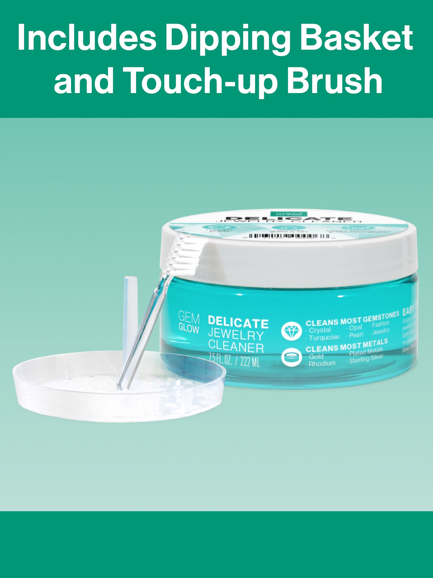 Image showcasing the jewelry dipping basket and touch-up brush included with the GEM GLOW 7.5oz Delicate Jewelry Cleaner.