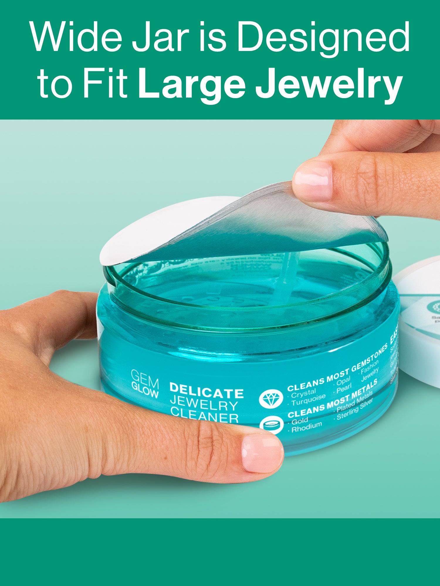 Close-up image of the 7.5 oz. Delicate Jewelry Cleaner being opened to showcase its wide design for cleaning large jewelry.