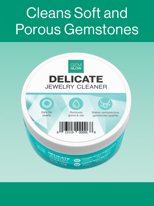 Top view of the GEM GLOW 7.5 oz. Delicate Jewelry Cleaner Jar, which indicates that it is ideal for most metals and gemstones.