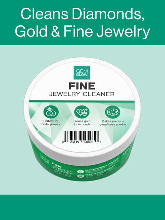 Top view of the GEM GLOW 7.5 oz. Fine Jewelry Cleaner Jar, which indicates that it is ideal for most gold and diamond jewelry.