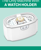 The GEM GLOW Ultrasonic Cleaner with a watch secured in the included holder with face elevated above water in basin.