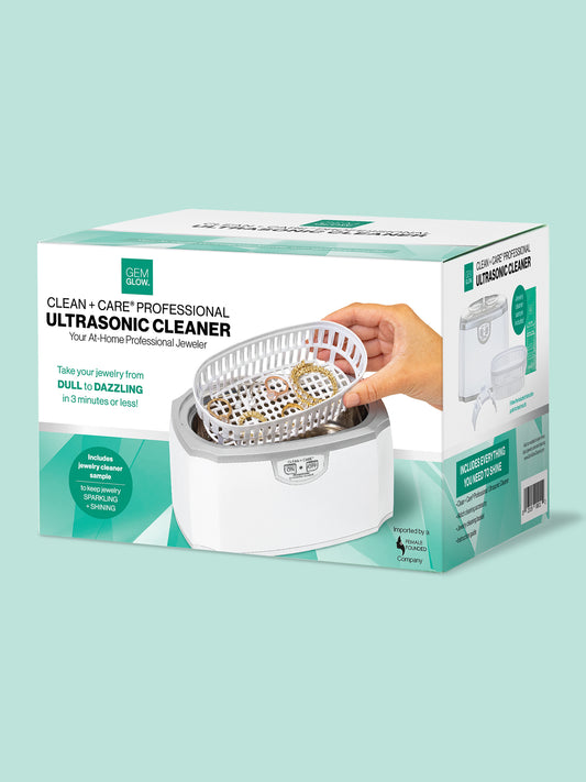 Outer packaging for the GEM GLOW Professional Ultrasonic Cleaner, an at-home jewelry cleaning device. 