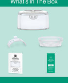 An infographic with contents of the GEM GLOW Ultrasonic box: Device, watch holder, basket, manual, and bonus cleaner packet.