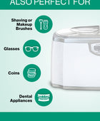 An infographic of the GEM GLOW Ultrasonic Cleaner showing it's also perfect for brushes, coins, and dental appliances.