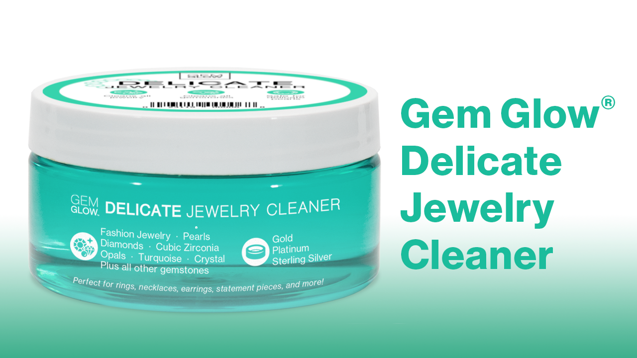 Product overview video for the GEM GLOW Delicate Jewelry Cleaner, which explains that it is safe for most fine and fashion jewelry.